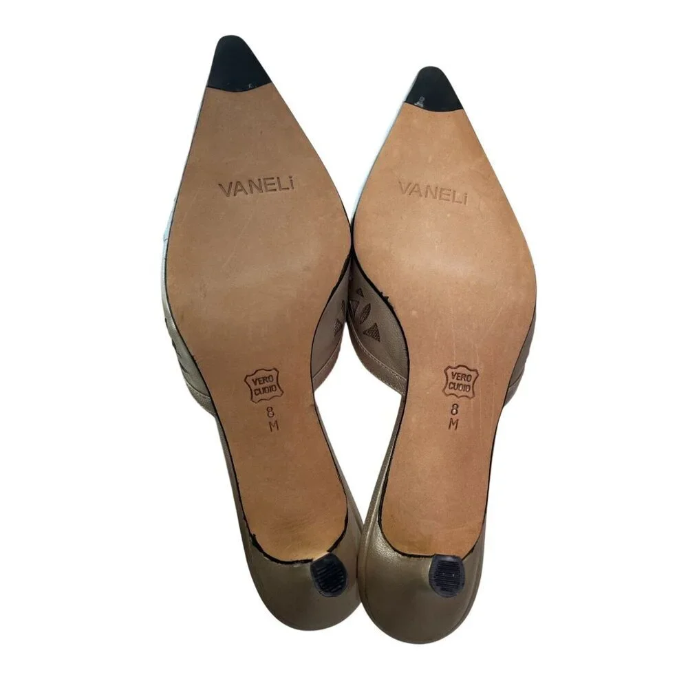 VAN ELi Gold Leather Kitten Heel Mules Size 8 Pointed Toe Slip On Italy